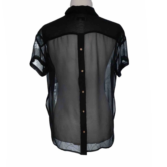 OPENING CEREMONY SHEER BLACK FRONT BACK BUTTON UP COLLARED SHORT SLEEVE TOP - Picture 6 of 11